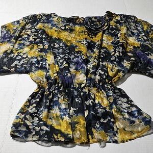 Vtg Jeanne Alexander Abstract Blouse Gathered Mid-Section Open Sleeve Womens Med